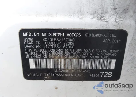 2014 Mitsubishi Mirage Es z USA, uszkodzony, nr VIN ML32A4HJ1EH026242